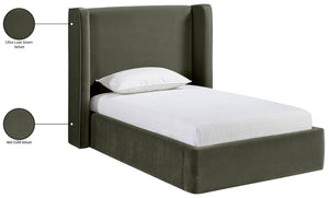 Meridian Furniture Kendall Winged Upholstered Twin Bed with Slatted Platform Base for Modern Bedrooms Green Velvet B1283Green-T
