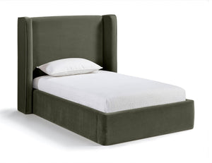 Meridian Furniture Kendall Winged Upholstered Twin Bed with Slatted Platform Base for Modern Bedrooms Green Velvet B1283Green-T