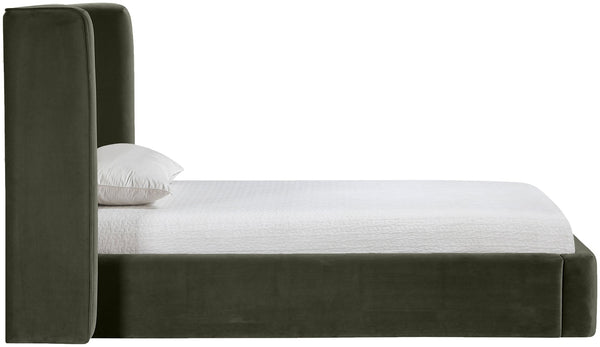 Meridian Furniture Kendall Winged Upholstered Twin Bed with Slatted Platform Base for Modern Bedrooms Green Velvet B1283Green-T