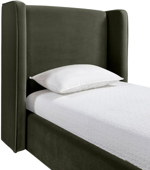 Meridian Furniture Kendall Winged Upholstered Twin Bed with Slatted Platform Base for Modern Bedrooms Green Velvet B1283Green-T