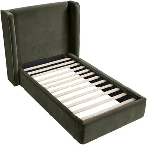 Meridian Furniture Kendall Winged Upholstered Twin Bed with Slatted Platform Base for Modern Bedrooms Green Velvet B1283Green-T
