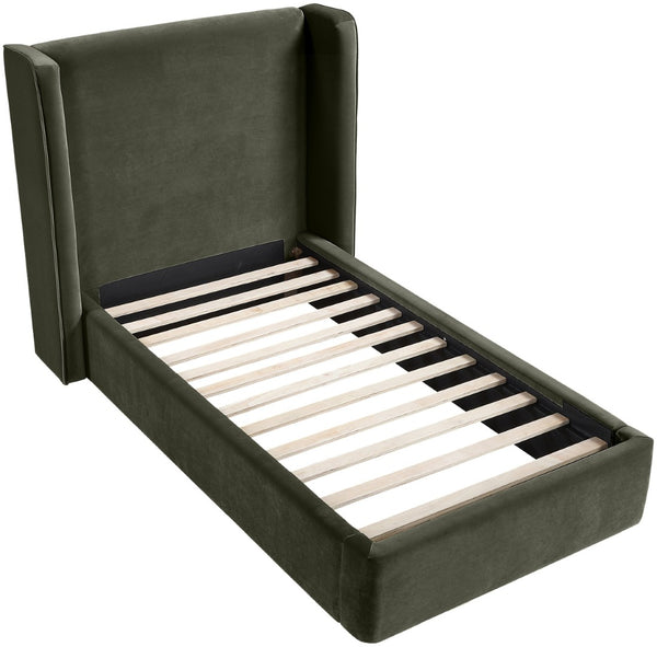 Meridian Furniture Kendall Winged Upholstered Twin Bed with Slatted Platform Base for Modern Bedrooms Green Velvet B1283Green-T