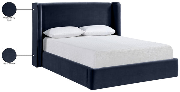 Meridian Furniture Kendall Winged Velvet Full Bed with Tailored Upholstered Frame for Modern Bedrooms B1283Navy-F