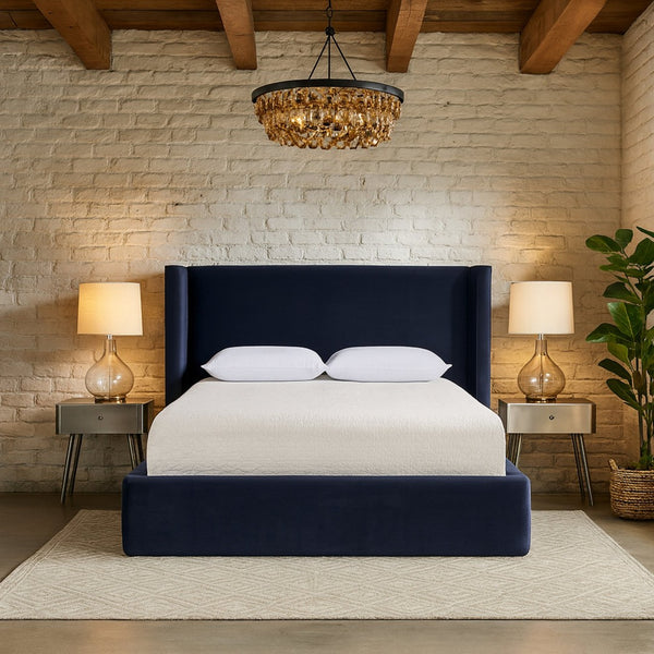 Meridian Furniture Kendall Winged Velvet Full Bed with Tailored Upholstered Frame for Modern Bedrooms B1283Navy-F