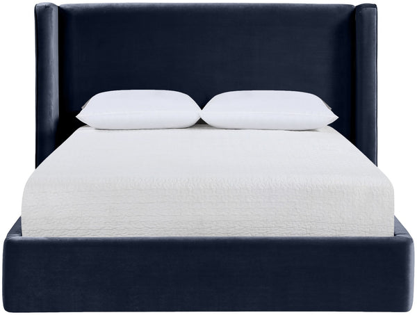 Meridian Furniture Kendall Winged Velvet Full Bed with Tailored Upholstered Frame for Modern Bedrooms B1283Navy-F