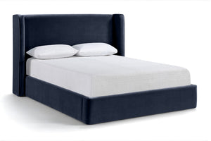 Meridian Furniture Kendall Winged Queen Bed Fully Upholstered Tailored Frame for Modern Bedroom Styling Navy Velvet B1283Navy-Q