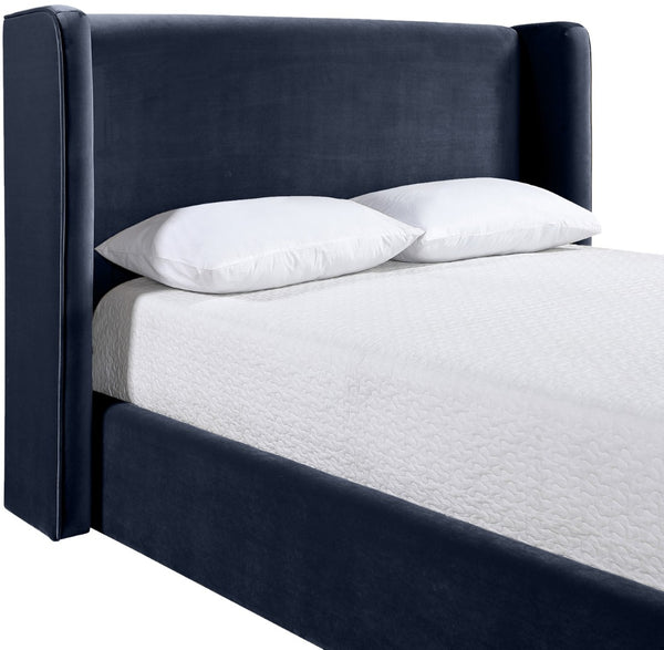 Meridian Furniture Kendall Winged Queen Bed Fully Upholstered Tailored Frame for Modern Bedroom Styling Navy Velvet B1283Navy-Q