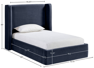 Meridian Furniture Kendall Winged Upholstered Twin Bed with Slatted Platform Base for Modern Bedrooms Navy Velvet B1283Navy-T