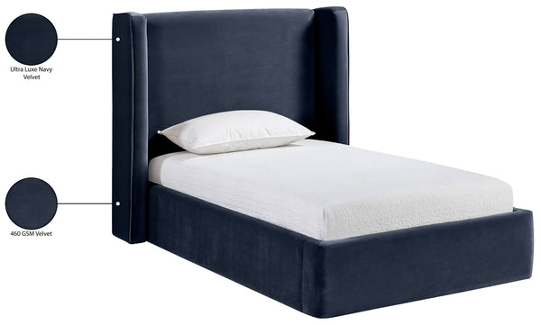 Meridian Furniture Kendall Winged Upholstered Twin Bed with Slatted Platform Base for Modern Bedrooms Navy Velvet B1283Navy-T