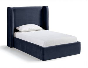 Meridian Furniture Kendall Winged Upholstered Twin Bed with Slatted Platform Base for Modern Bedrooms Navy Velvet B1283Navy-T