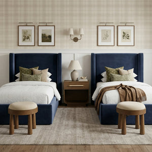 Meridian Furniture Kendall Winged Upholstered Twin Bed with Slatted Platform Base for Modern Bedrooms Navy Velvet B1283Navy-T