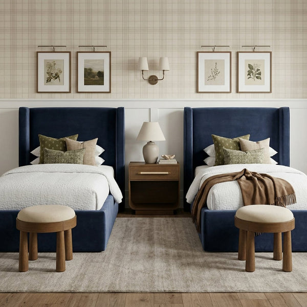 Meridian Furniture Kendall Winged Upholstered Twin Bed with Slatted Platform Base for Modern Bedrooms Navy Velvet B1283Navy-T