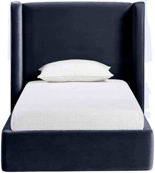 Meridian Furniture Kendall Winged Upholstered Twin Bed with Slatted Platform Base for Modern Bedrooms Navy Velvet B1283Navy-T