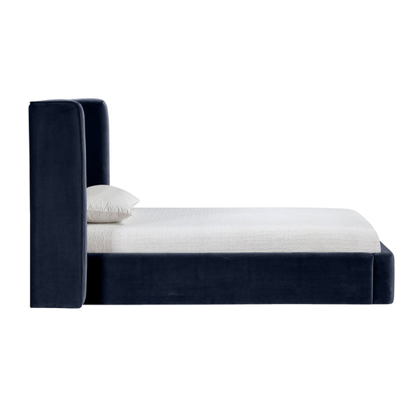 Meridian Furniture Kendall Winged Upholstered Twin Bed with Slatted Platform Base for Modern Bedrooms Navy Velvet B1283Navy-T