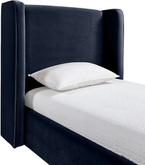 Meridian Furniture Kendall Winged Upholstered Twin Bed with Slatted Platform Base for Modern Bedrooms Navy Velvet B1283Navy-T