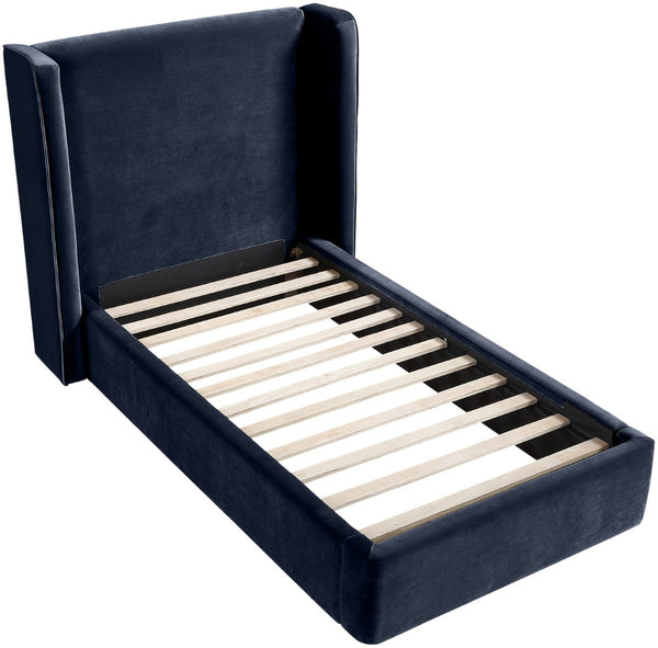 Meridian Furniture Kendall Winged Upholstered Twin Bed with Slatted Platform Base for Modern Bedrooms Navy Velvet B1283Navy-T