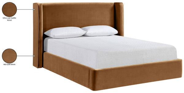 Meridian Furniture Kendall Winged Upholstered King Bed with Slatted Platform Base for Modern Bedroom Elegance Saddle Velvet B1283Saddle-K