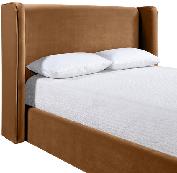 Meridian Furniture Kendall Winged Upholstered King Bed with Slatted Platform Base for Modern Bedroom Elegance Saddle Velvet B1283Saddle-K