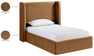 Meridian Furniture Kendall Winged Upholstered Twin Bed with Slatted Platform Base for Modern Bedrooms Saddle Velvet B1283Saddle-T