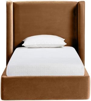Meridian Furniture Kendall Winged Upholstered Twin Bed with Slatted Platform Base for Modern Bedrooms Saddle Velvet B1283Saddle-T