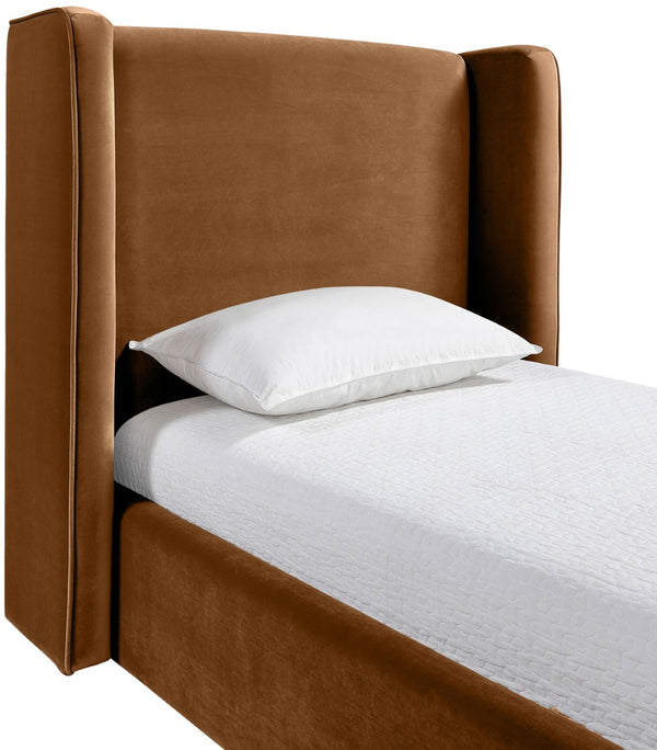 Meridian Furniture Kendall Winged Upholstered Twin Bed with Slatted Platform Base for Modern Bedrooms Saddle Velvet B1283Saddle-T