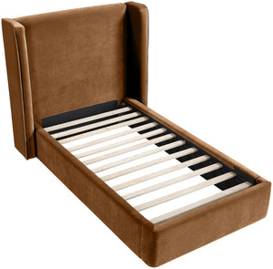 Meridian Furniture Kendall Winged Upholstered Twin Bed with Slatted Platform Base for Modern Bedrooms Saddle Velvet B1283Saddle-T