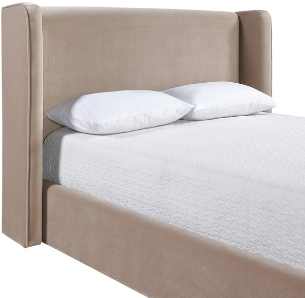 Meridian Furniture Kendall Winged Velvet Upholstered Full Bed with Tailored Frame for Modern Bedrooms B1283Taupe-F