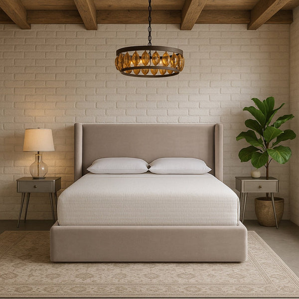 Meridian Furniture Kendall Winged Upholstered King Bed with Slatted Platform Base for Modern Bedroom Elegance Taupe Velvet B1283Taupe-K