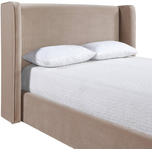 Meridian Furniture Kendall Winged Upholstered King Bed with Slatted Platform Base for Modern Bedroom Elegance Taupe Velvet B1283Taupe-K