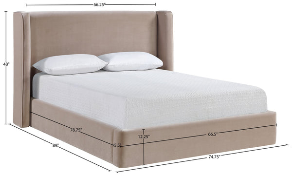 Meridian Furniture Kendall Winged Queen Bed Fully Upholstered Tailored Frame for Modern Bedroom Styling Taupe Velvet B1283Taupe-Q