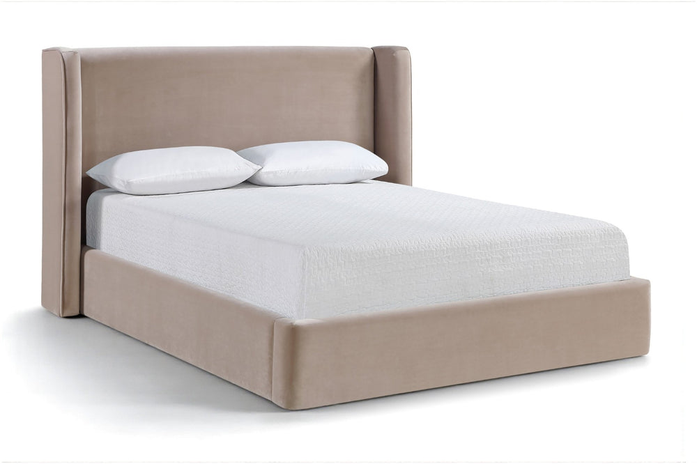 Meridian Furniture Kendall Winged Queen Bed Fully Upholstered Tailored Frame for Modern Bedroom Styling Taupe Velvet B1283Taupe-Q