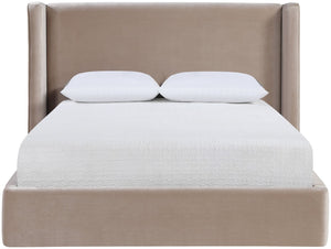 Meridian Furniture Kendall Winged Queen Bed Fully Upholstered Tailored Frame for Modern Bedroom Styling Taupe Velvet B1283Taupe-Q