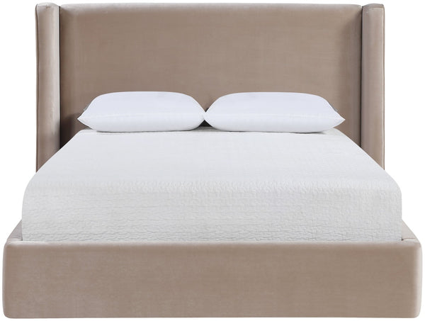 Meridian Furniture Kendall Winged Queen Bed Fully Upholstered Tailored Frame for Modern Bedroom Styling Taupe Velvet B1283Taupe-Q