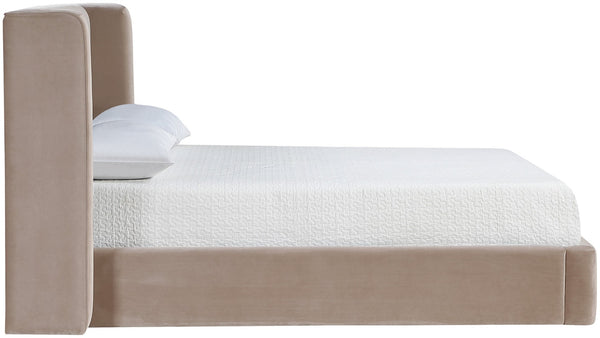 Meridian Furniture Kendall Winged Queen Bed Fully Upholstered Tailored Frame for Modern Bedroom Styling Taupe Velvet B1283Taupe-Q