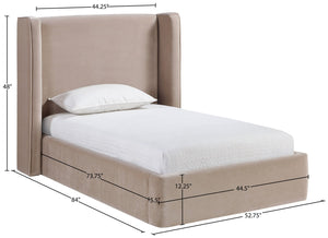 Meridian Furniture Kendall Winged Upholstered Twin Bed with Slatted Platform Base for Modern Bedrooms Taupe Velvet B1283Taupe-T