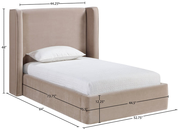 Meridian Furniture Kendall Winged Upholstered Twin Bed with Slatted Platform Base for Modern Bedrooms Taupe Velvet B1283Taupe-T