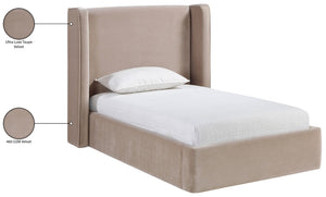 Meridian Furniture Kendall Winged Upholstered Twin Bed with Slatted Platform Base for Modern Bedrooms Taupe Velvet B1283Taupe-T