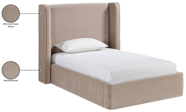 Meridian Furniture Kendall Winged Upholstered Twin Bed with Slatted Platform Base for Modern Bedrooms Taupe Velvet B1283Taupe-T