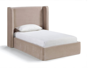 Meridian Furniture Kendall Winged Upholstered Twin Bed with Slatted Platform Base for Modern Bedrooms Taupe Velvet B1283Taupe-T