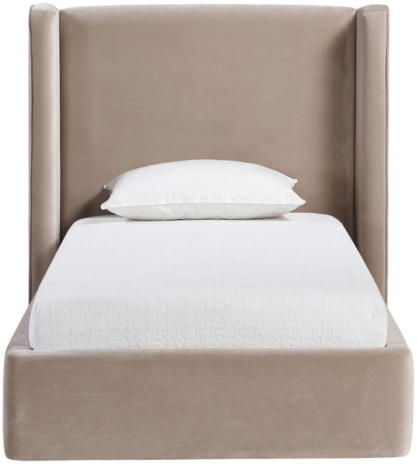 Meridian Furniture Kendall Winged Upholstered Twin Bed with Slatted Platform Base for Modern Bedrooms Taupe Velvet B1283Taupe-T