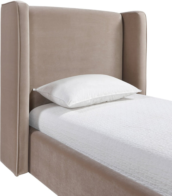 Meridian Furniture Kendall Winged Upholstered Twin Bed with Slatted Platform Base for Modern Bedrooms Taupe Velvet B1283Taupe-T