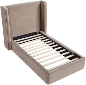 Meridian Furniture Kendall Winged Upholstered Twin Bed with Slatted Platform Base for Modern Bedrooms Taupe Velvet B1283Taupe-T
