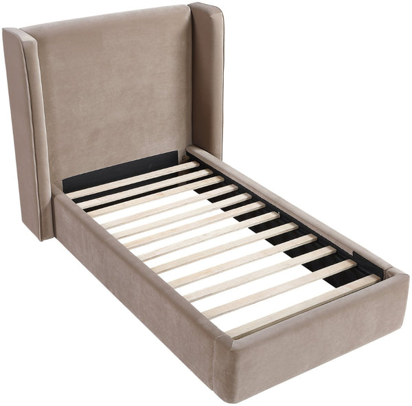 Meridian Furniture Kendall Winged Upholstered Twin Bed with Slatted Platform Base for Modern Bedrooms Taupe Velvet B1283Taupe-T