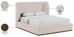 Meridian Furniture Aurin Wingback Upholstered Full Bed Linen Fabric Walnut Base Sculptural Modern Bedroom Frame Beige B1285Beige-F