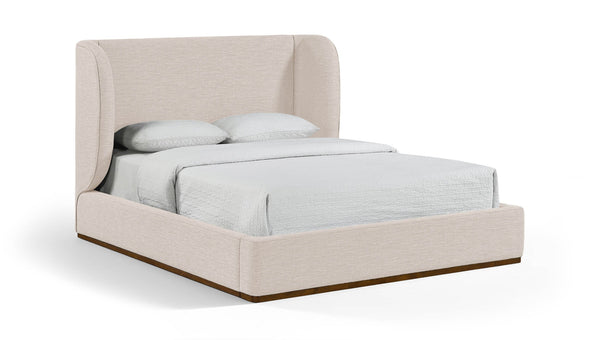 Meridian Furniture Aurin Wingback Upholstered Full Bed Linen Fabric Walnut Base Sculptural Modern Bedroom Frame Beige B1285Beige-F