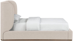 Meridian Furniture Aurin Wingback Upholstered Full Bed Linen Fabric Walnut Base Sculptural Modern Bedroom Frame Beige B1285Beige-F