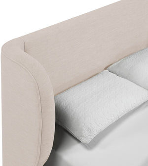 Meridian Furniture Aurin Wingback Upholstered Full Bed Linen Fabric Walnut Base Sculptural Modern Bedroom Frame Beige B1285Beige-F