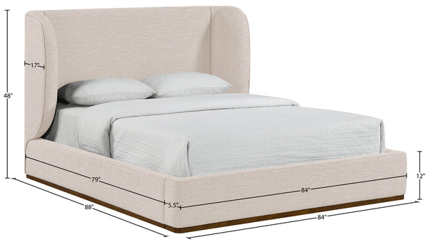 Meridian Furniture Aurin Wingback King Bed Linen Upholstered Platform Frame with Solid Walnut Wood Base Beige B1285Beige-K