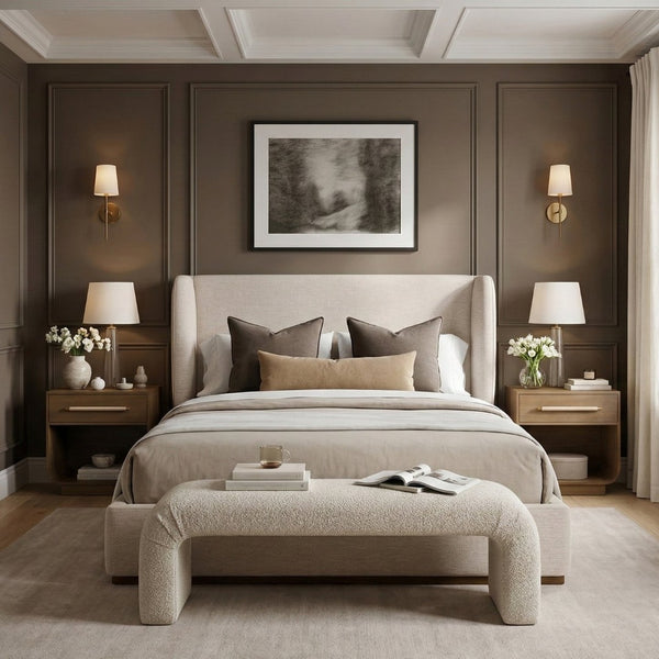 Meridian Furniture Aurin Wingback King Bed Linen Upholstered Platform Frame with Solid Walnut Wood Base Beige B1285Beige-K