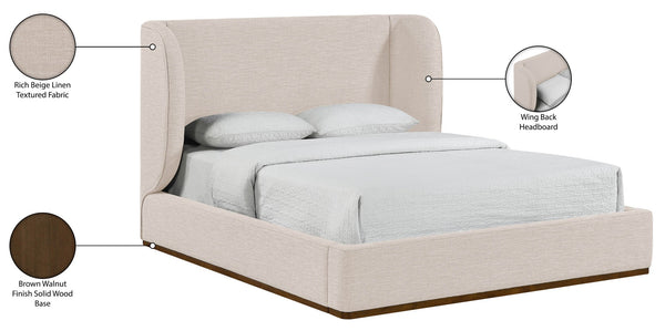 Meridian Furniture Aurin Wingback Queen Platform Bed Linen Upholstery Walnut Wood Base Modern Bedroom Beige B1285Beige-Q